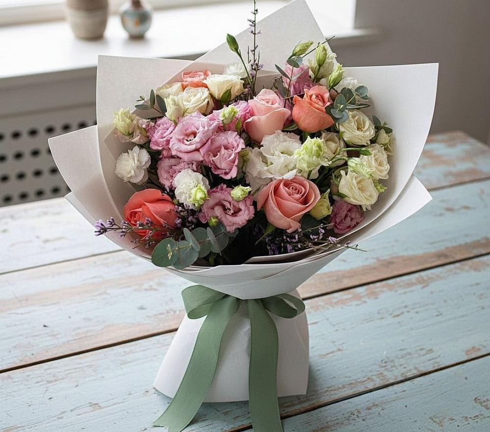 Букет цветов из: Розы, Лизиантусы и Гвоздики в Ловцы