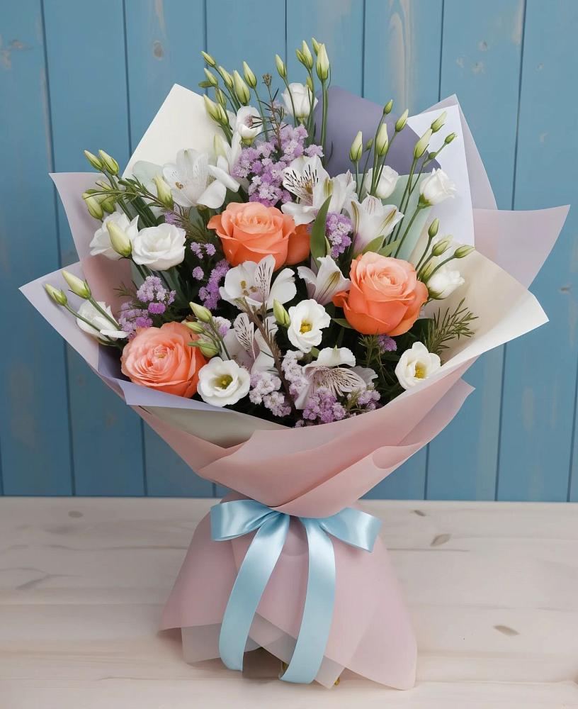 Букет цветов из: Лизиантусы, Розы, Альстромерии и Гипсофила в Ловцы