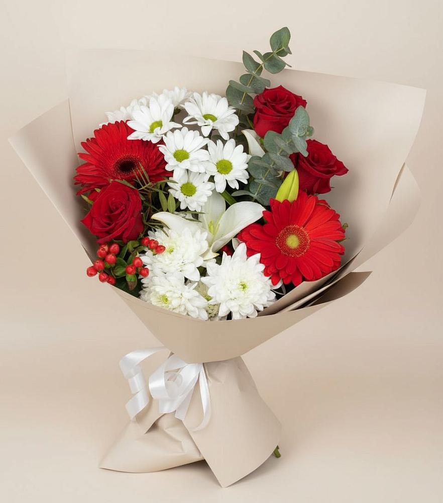 Букет цветов из: Розы, Хризантемы, Герберы и Лилии в Ловцы
