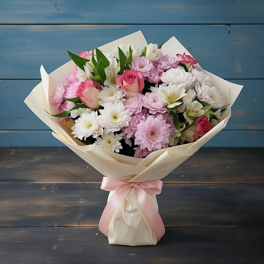 Букет цветов из: Хризантемы, Альстромерии и Розы в Ловцы